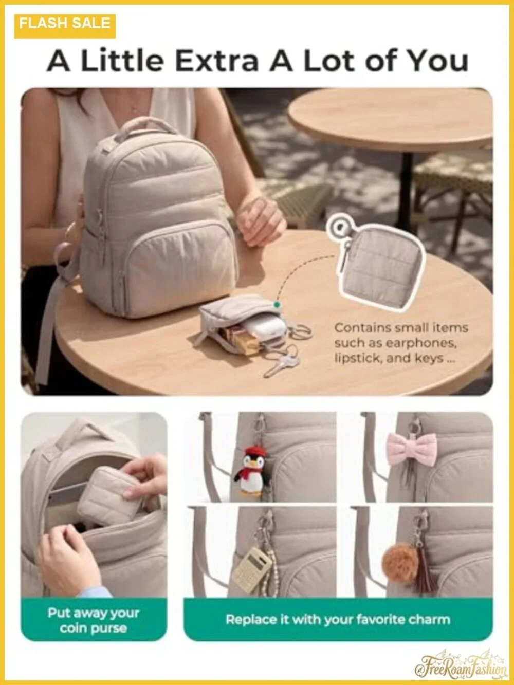 2-in-1 Quilted Puffer Mini Backpack for Women with Detachable Pouch, Water